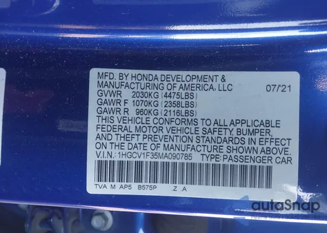 2021 Honda Accord Sport from USA, damaged, VIN 1HGCV1F35MA090785